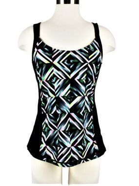 Swim Tankini Top Only Cut-Out Back Slimming Side Panel-Black Multicolor Size M